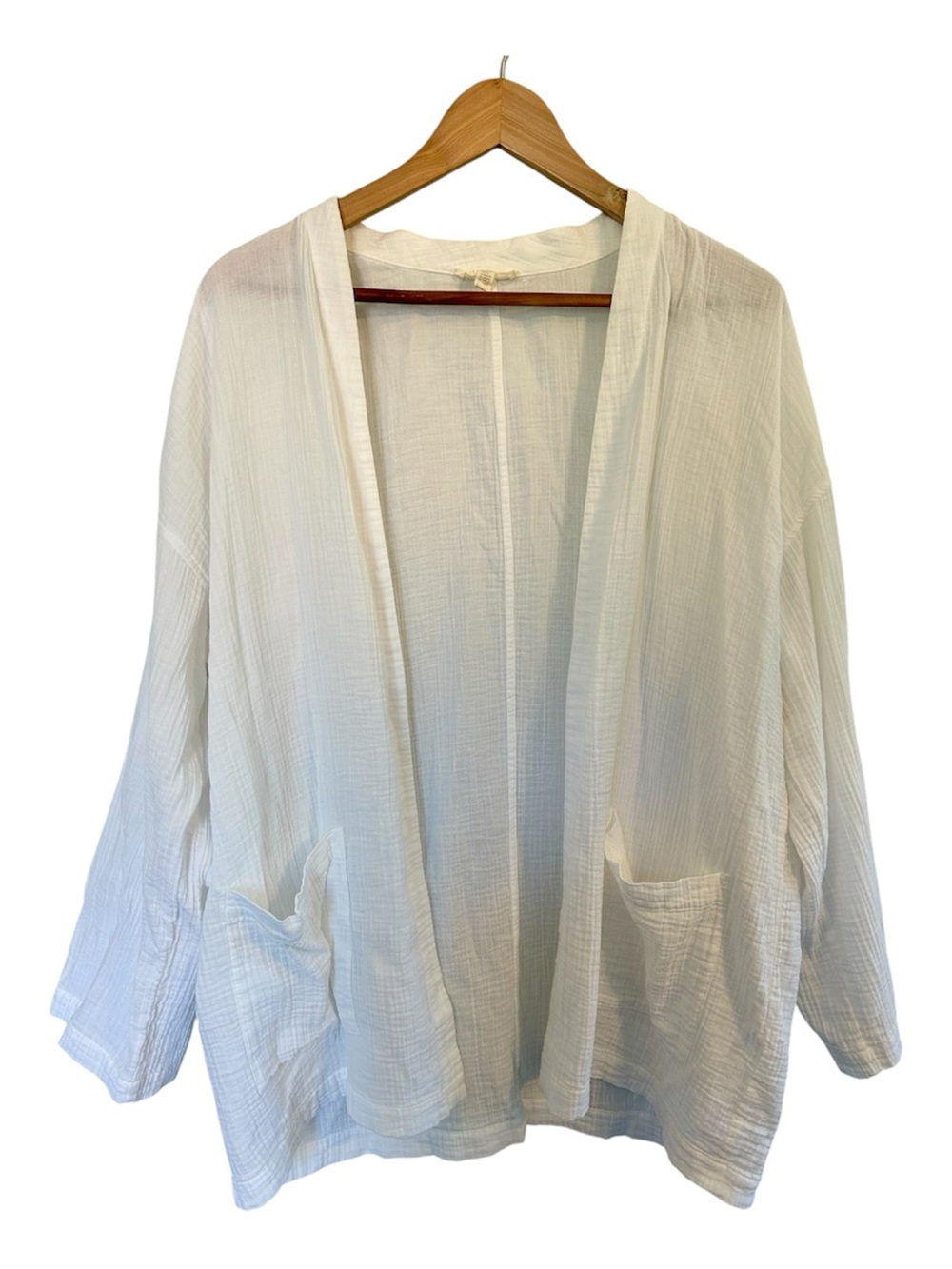 Eileen Fisher Organic Cotton White Open Front Kimono Cardigan Jacket Gauze Euro